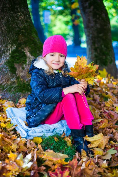 Porträt von schönen Mädchen sitzend mit Ahorn Blätter im Herbst p — Stockfoto