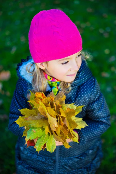 Portret dziewczynki z liści klonu nieumiem jesień z bliska — Zdjęcie stockowe