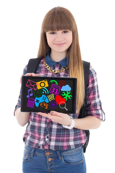 Teenager-Mädchen hält TabletPC mit mit bunten Medien Ikonen ein — Stockfoto