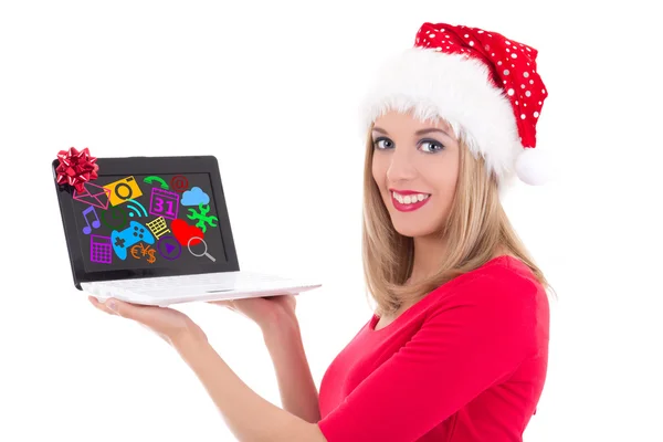 Online shopping concept - happy woman in santa hat buying presen — Stock Photo, Image