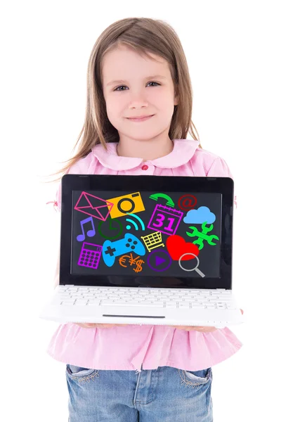 Niedliche kleine Mädchen halten Laptop mit Medien-Icons und Anwendung — Stockfoto