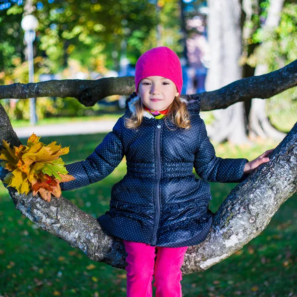 Φθινόπωρο έννοια - κοριτσάκι που κάθεται στο κλαδί δέντρου στο φθινόπωρο pa — Φωτογραφία Αρχείου
