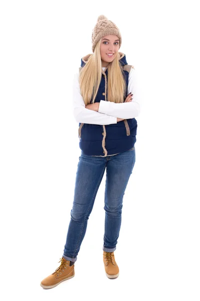 Full length portrait of young blond woman in warm clothes posing — Stock Photo, Image