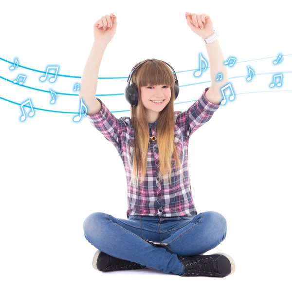 Cute teenage girl  listening music and dancing over white — Stock Photo, Image