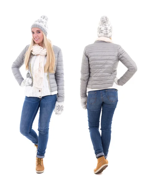 Voor- en achterkant weergave van leuke mooie vrouw in winterkleren is — Stockfoto