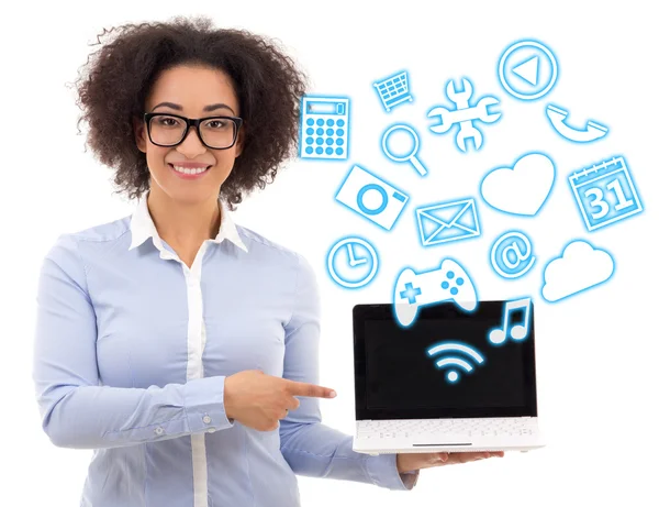 Beautiful african american business woman holding laptop with di — Stock Photo, Image