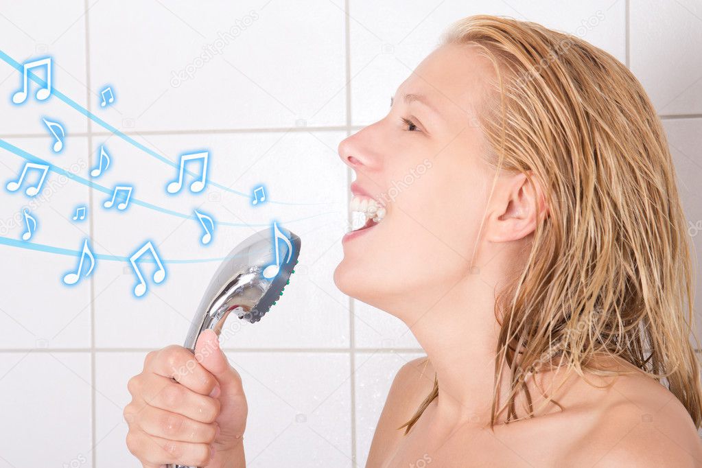 funny blond woman singing in shower 