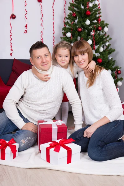 크리스마스 장식된 거실에 가족 초상화 — 스톡 사진