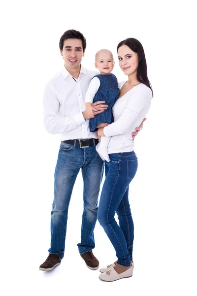 Pais felizes com a filhinha isolado no branco — Fotografia de Stock