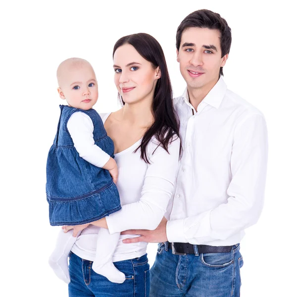 Family concept - happy young parents with little daughter isolat — Stock Photo, Image