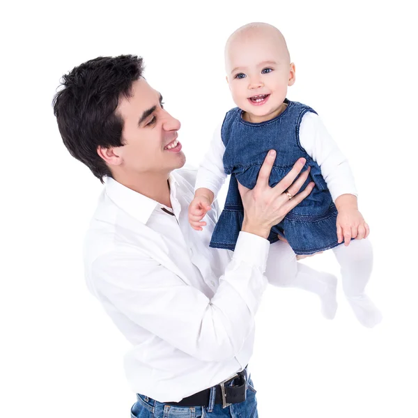 Happy young father playing with little daughter isolated on whit — Stock Photo, Image