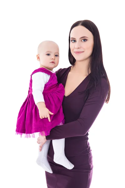 Portrait of young mother with baby girl isolated on white — Stock Photo, Image