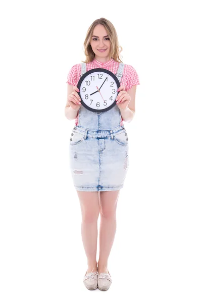 Time concept - happy teenage girl with office clock isolated on — Stock Photo, Image