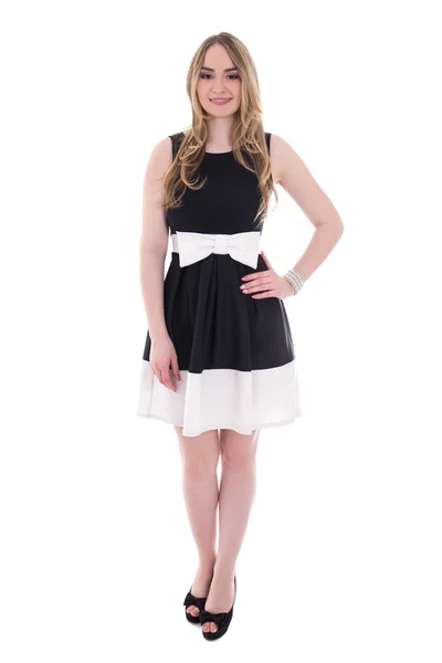 Güzel genç artı boyutu kadın üzerinde beyaz izole siyah elbiseli — Stok fotoğraf