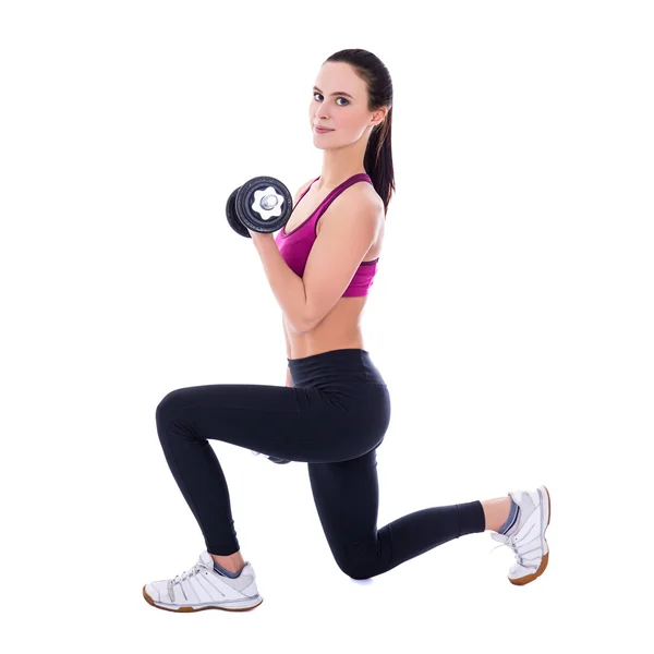 Sporty slim woman in sports wear with dumbbells isolated on whit — Stock Photo, Image