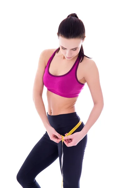 Dietní koncept - krásná štíhlá sportovní žena s opatření pásek iso — Stock fotografie