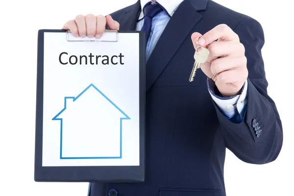 Real estate concept - key and rent or sale contract in male hand — 图库照片