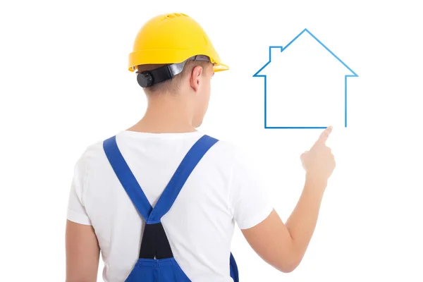 Construction concept - man in builder uniform drawing house isol — Stock Photo, Image