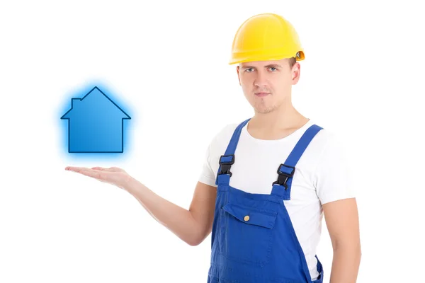 Construction concept - man builder in uniform and helmet holding — Stock Photo, Image