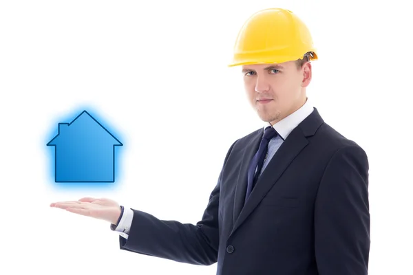 Construction concept - handsome business man or architect in yel — Stock Photo, Image