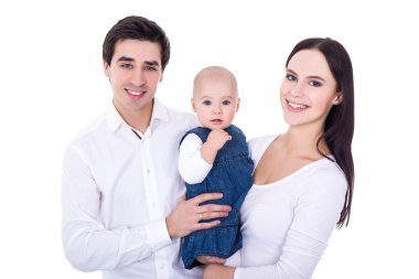 happy young parents with little daughter isolated on white