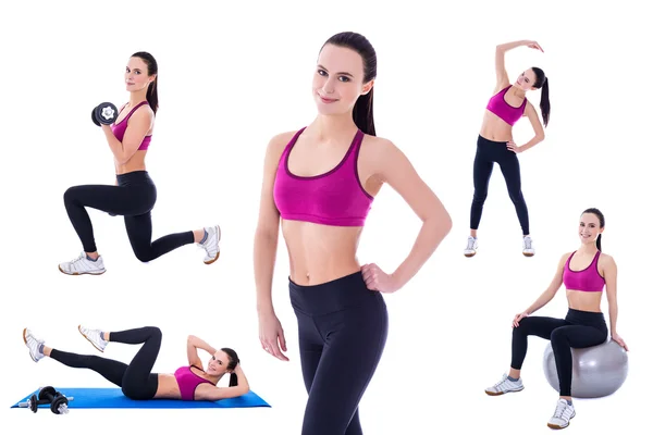 Slim woman in sports wear doing fitness exercises isolated on wh — Zdjęcie stockowe