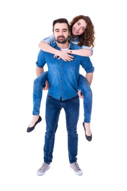 beyaz izole arkadaşına veren piggy geri genç adam