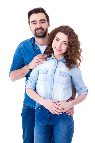 快乐的年轻夫妇上白色孤立的肖像 — 图库照片