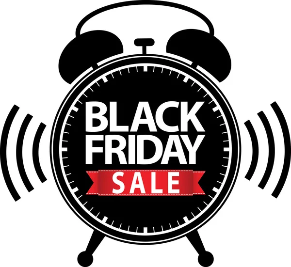 Black friday big sale alarm clock black icon with red ribbon, ve — Stock Vector