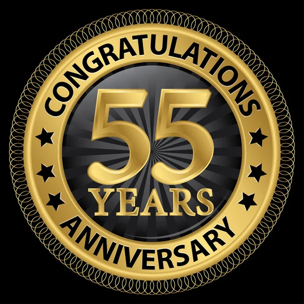 55 let výročí Gratulujeme zlatý štítek s mašlí, vec — Stockový vektor