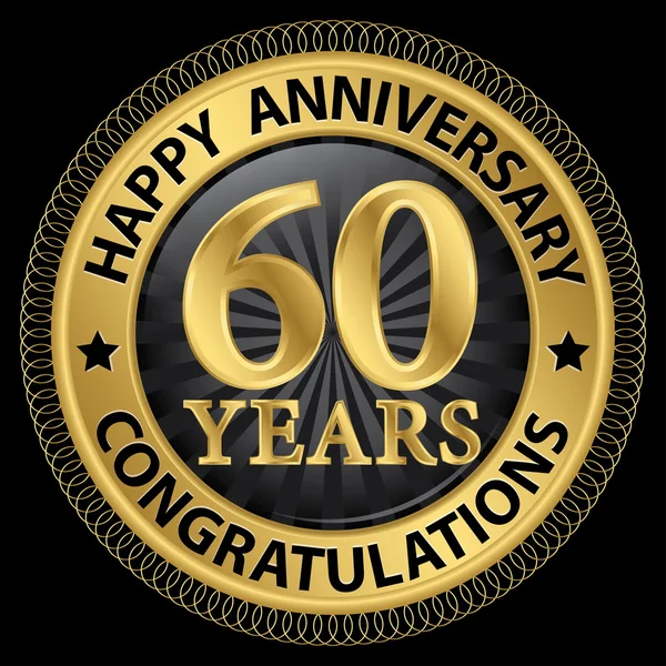 60 anos feliz aniversário parabéns etiqueta de ouro com ribbo — Vetor de Stock