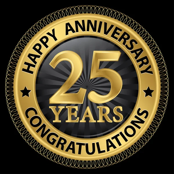 25 years happy anniversary congratulations gold label with ribbo — Stock Vector