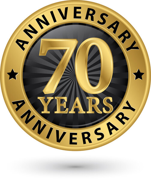 70 years anniversary gold label, vector illustration 