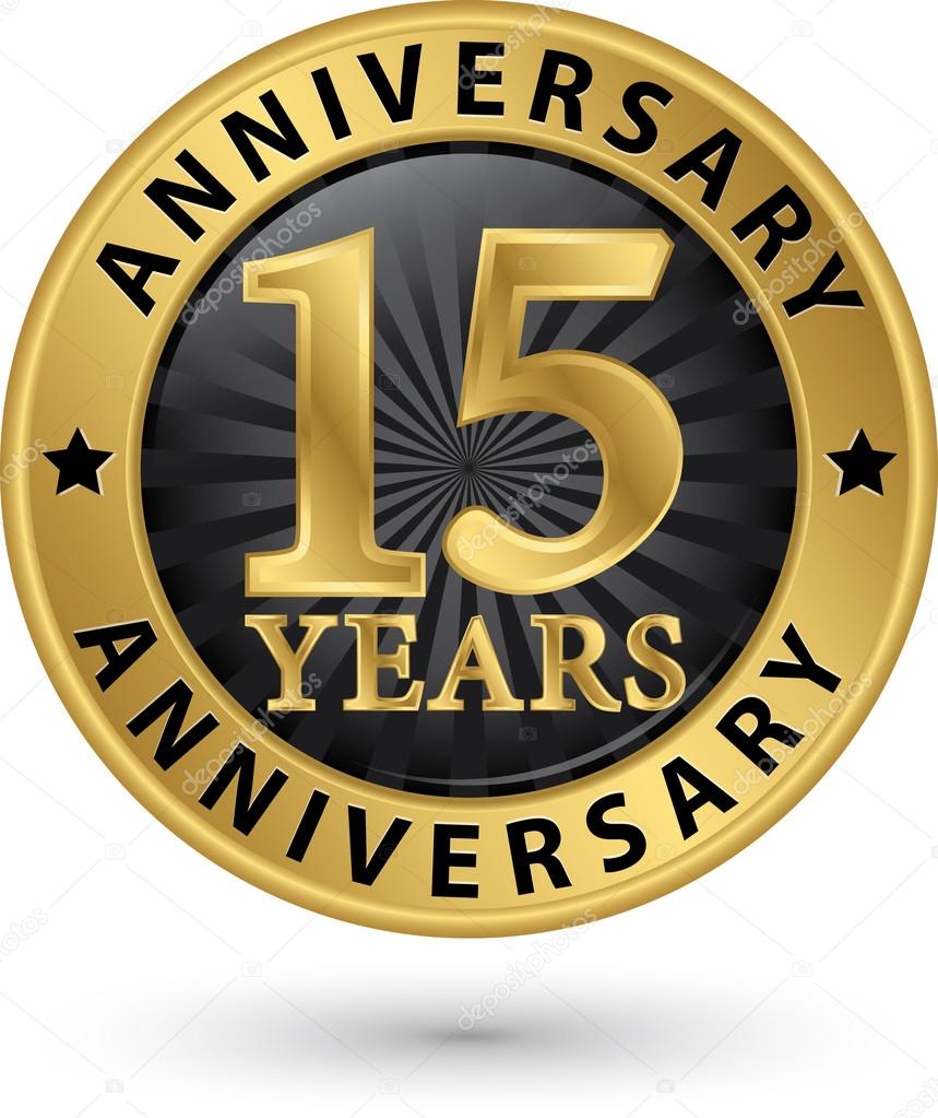 15 years anniversary gold label, vector illustration 
