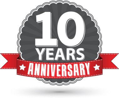 Celebrating 10 years anniversary retro label with red ribbon, ve clipart