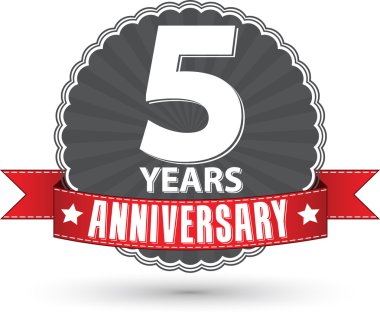 Celebrating 5 years anniversary retro label with red ribbon, vec clipart