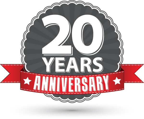 Празднование 20-летия ретро-лейбла с красной лентой, векторная иллюстрация

