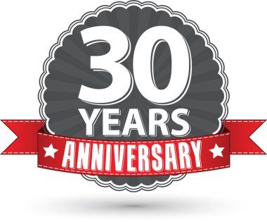 Kutluyor 30 yıl yıldönümü retro etiket ile kırmızı kurdele, ve