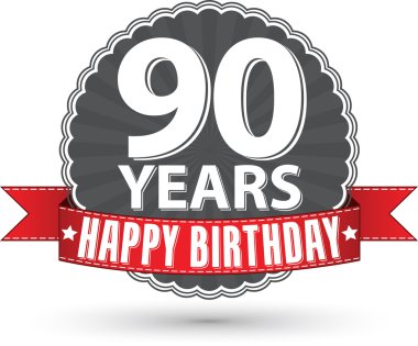 İyi ki doğdun 90 yıl retro etiket kırmızı kurdele, vektör çizim ile
