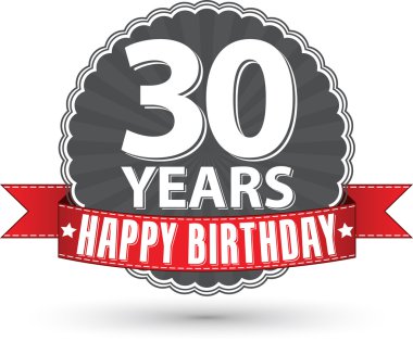 İyi ki doğdun 30 yıl retro etiket kırmızı kurdele, vektör çizim ile