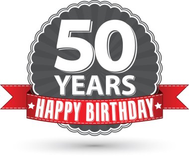 İyi ki doğdun 50 yıl retro etiket kırmızı kurdele, vektör çizim ile