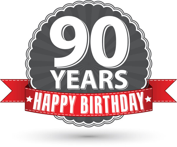 Happy birthday 90 years retro label with red ribbon, vector illustration