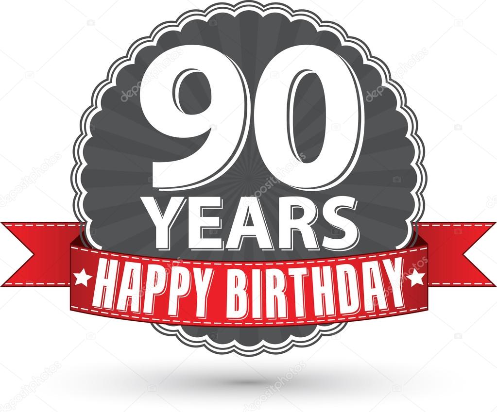 Happy birthday 90 years retro label with red ribbon, vector illustration