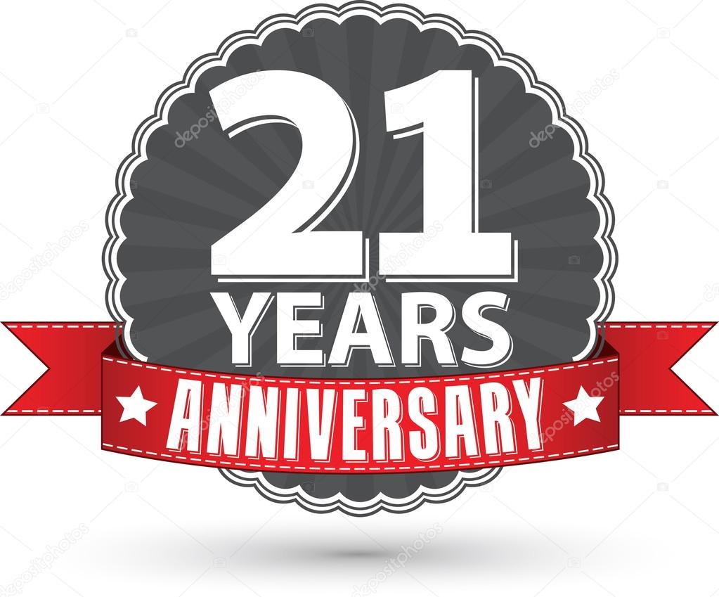 21 years anniversary retro label with red ribbon, vector illustr