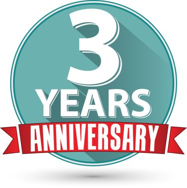 Tasarım 3 yıl yıldönümü etiketi kırmızı kurdele ile düz, Il vektör