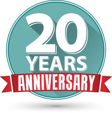 Tasarım 20 yıl yıldönümü etiketi kırmızı kurdele ile düz, ben vektör