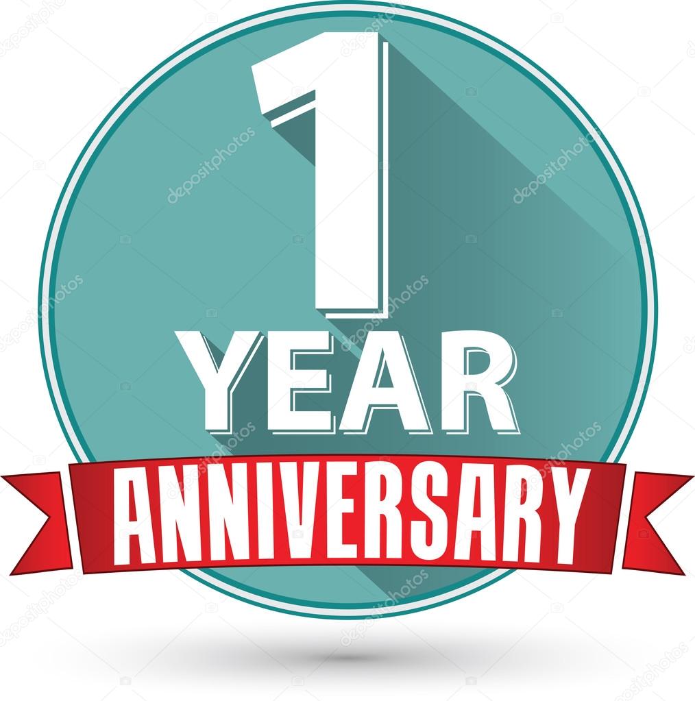Flat design 1 year anniversary label with red ribbon, vector ill