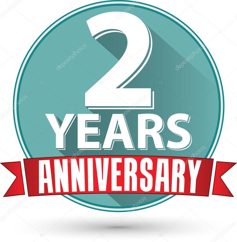Flat design 2 years anniversary label with red ribbon, vector il