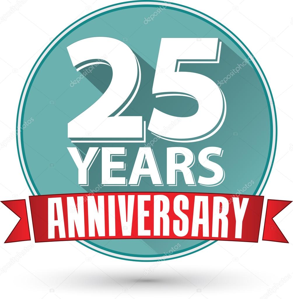 Flat design 25 years anniversary label with red ribbon, vector illustration