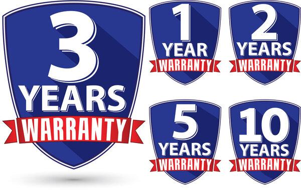 Flat design warranty label set with red ribbon, vector illustrat